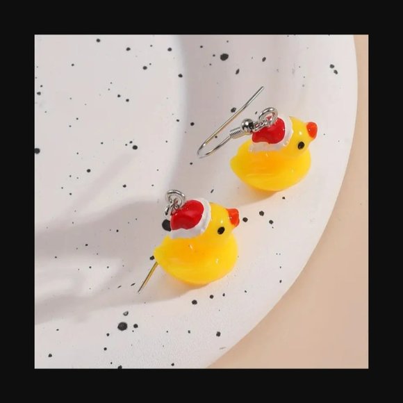 Cute Christmas Yellow Duck Design Dangle Earrings Resin Jewelry - Picture 3 of 4